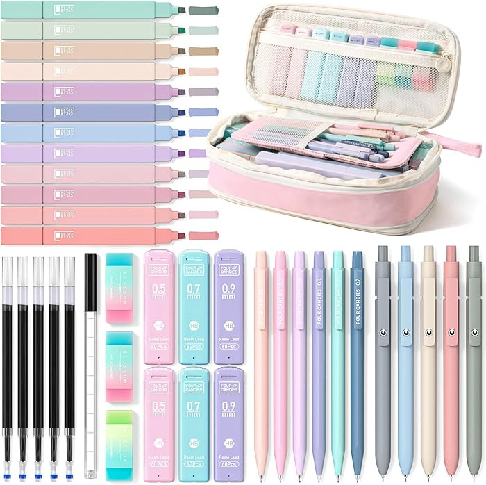 Four Candies 39 PCS Aesthetic School Supplies with Cute Pen Case, 12 Pastel Highlighters, 5 Black... | Amazon (US)