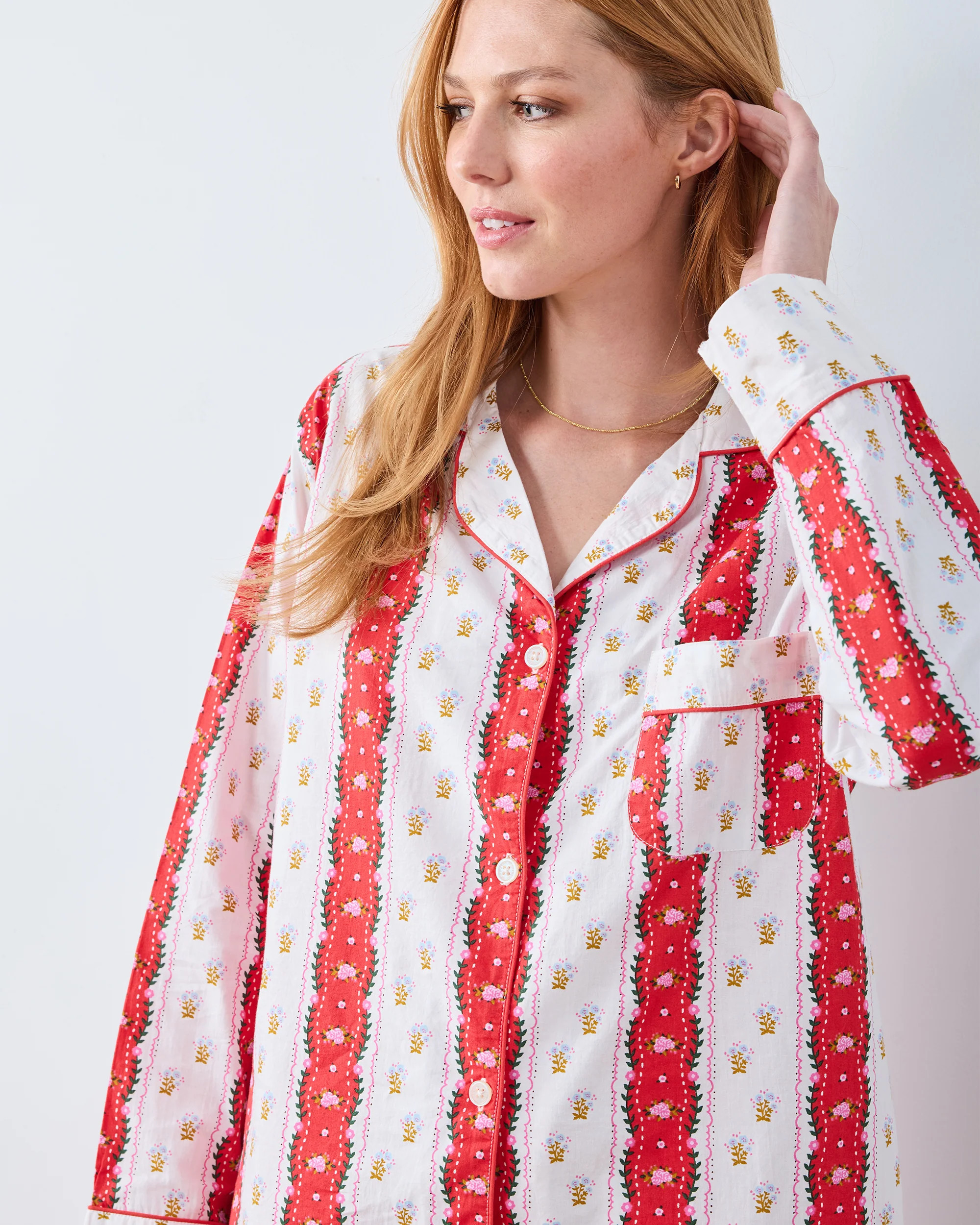 Printfresh Women's Valentine's Day Petite Organic Cotton Long Sleeve Top and Pants Pajama Set in Red White Sweetheart Stripes | Printfresh