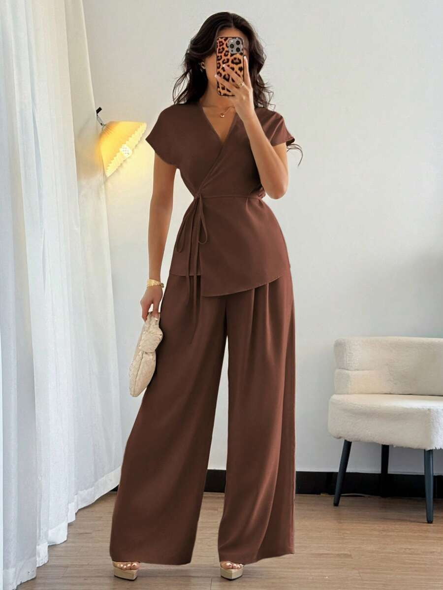 Elenzga Women's Elegant Wrap Batwing Sleeve Blouse And Loose Wide Leg Pants 2 Pieces Set, Woven A... | SHEIN