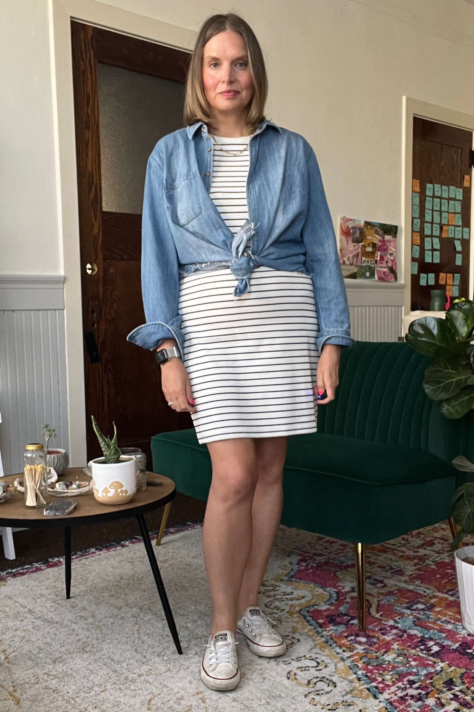 Outfit formula: striped dress, chambray shirt and sneakers 

#LTKcurves #LTKSeasonal #LTKworkwear