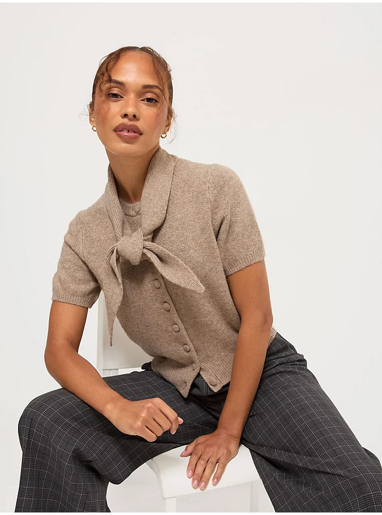 Taupe Button Front Scarf Neck Short Sleeve Cardigan | George