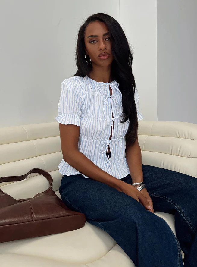 Alistair Bow Tie Top Blue / White Stripe | Princess Polly US