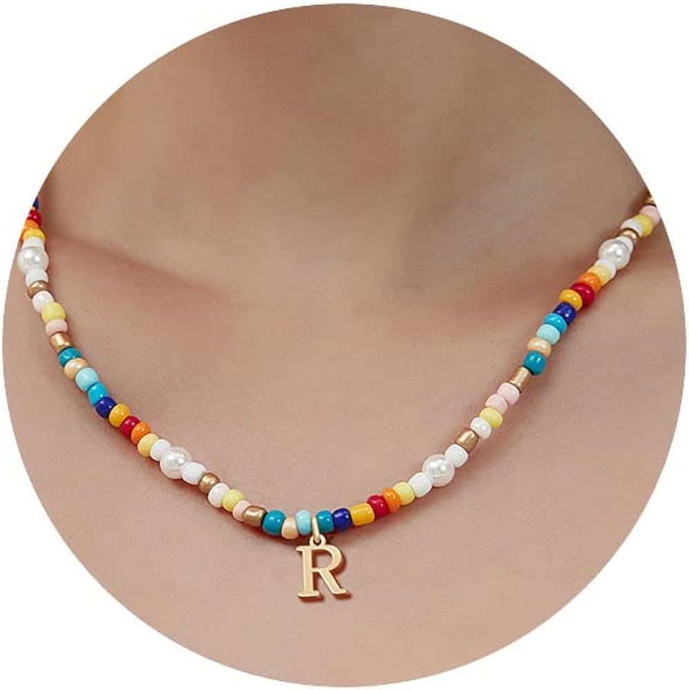 JSJOY Colorful Beaded Initial Necklaces for Women Girls Beaded Choker y2k Rainbow Beaded Necklace... | Amazon (US)