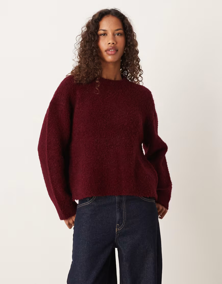 ASOS DESIGN boxy boucle crew neck sweater in burgundy-Red | ASOS (Global)