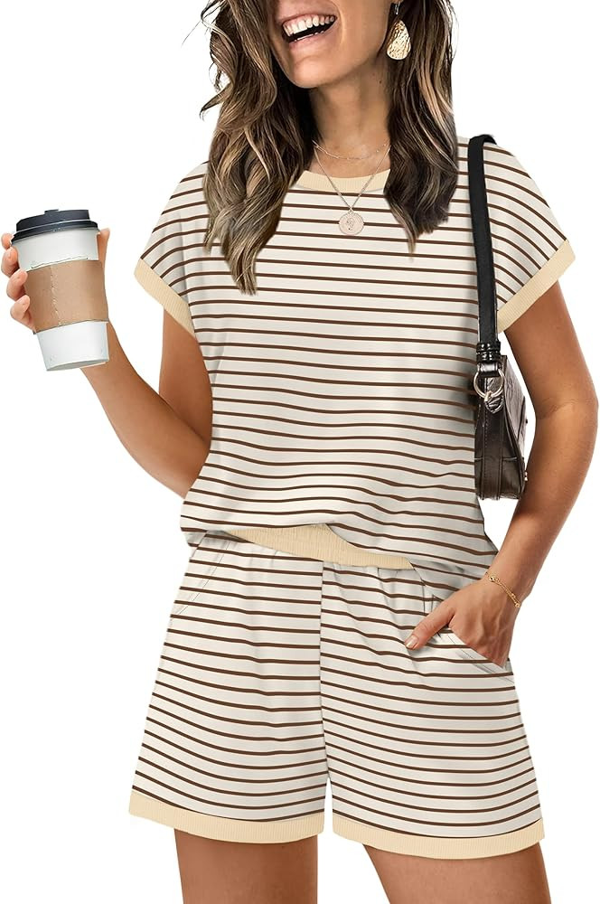 WIHOLL Two Piece Sets for Women Summer Lounge Short Sets Cap Sleeve Crew Neck Sweatsuit with Pock... | Amazon (US)