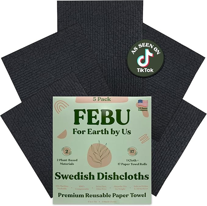 FEBU Swedish Dishcloths for Kitchen | 5 Pack Black Reusable Paper Towels Washable | Swedish Dish ... | Amazon (US)