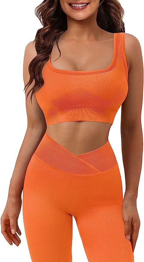 JZC Yoga Workout Outfits for Women 2 Piece Ribbed Seamless Sports Exercise Sets | Amazon (US)