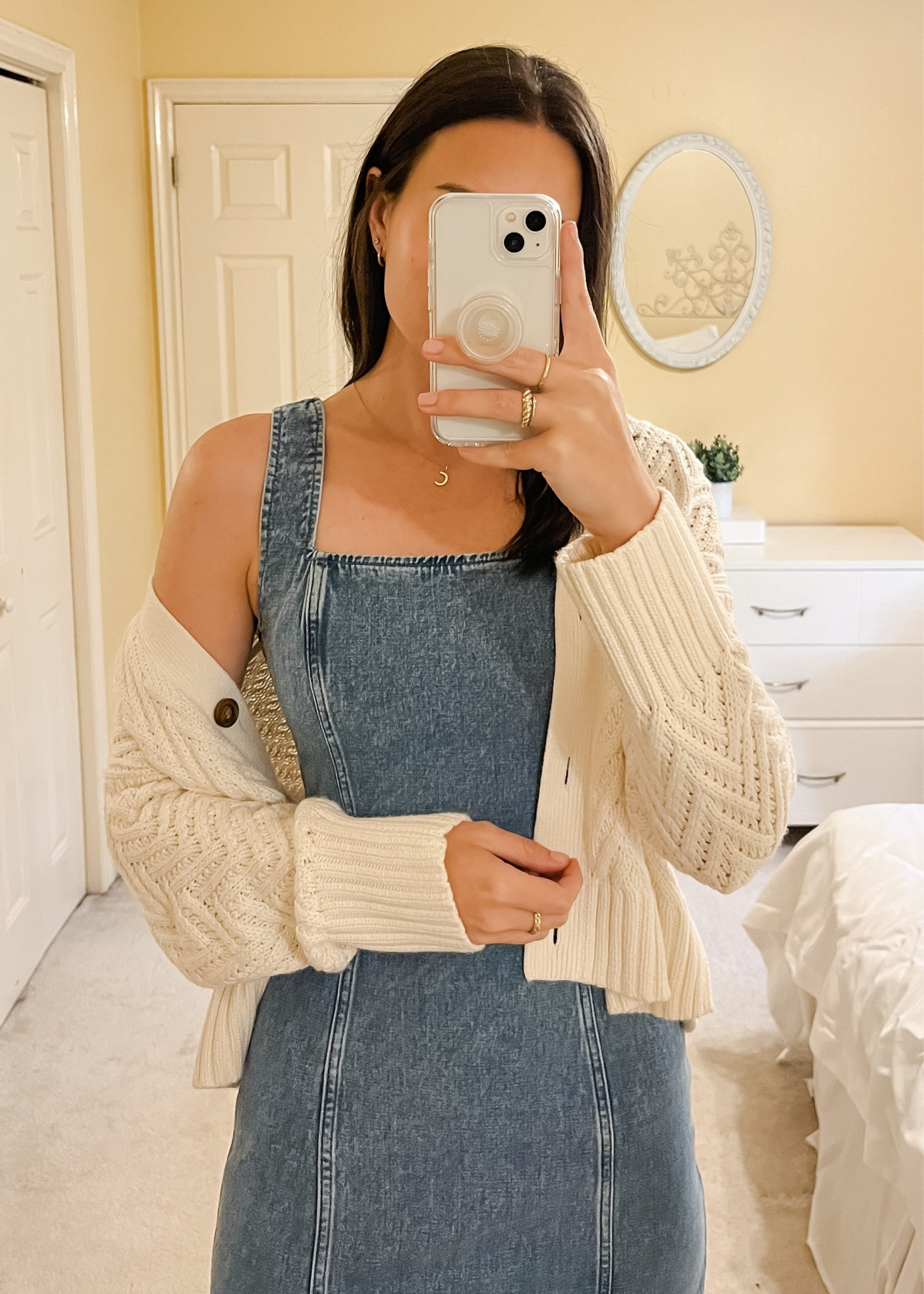 Fall outfits🍂🧡

Denim dress Abercrombie white cable knit cardigan 

#LTKfindsunder100 #LTKstyletip