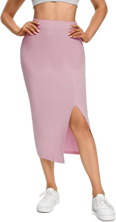 LYANER Women's High Waist Stretchy Rib Knit Split Slit Hem Midi Pencil Skirt | Amazon (US)