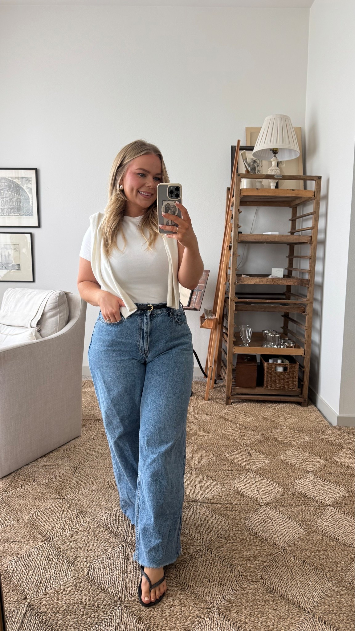 Basic but put together. I’m in size L in t-shirt (I sized up for extra fabric) size 29R in jeans. Size M in belt. 