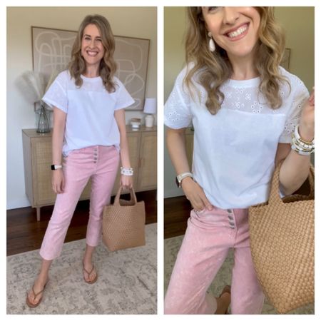 Walmart tee with eyelet detail, soft cotton, true to size. Pink jeans are so fun and an easy way to add some color. Tts 6 #affordable #style #fyp #walmartfinds 

#LTKfindsunder100 #LTKstyletip #LTKfindsunder50