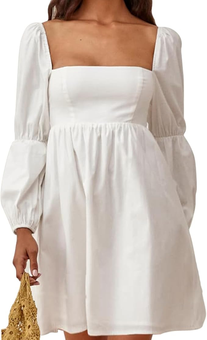 EXLURA Womens 2026 Square Neck Dress Long Puff Sleeve A-Line Casual Short Mini Dresses | Amazon (US)