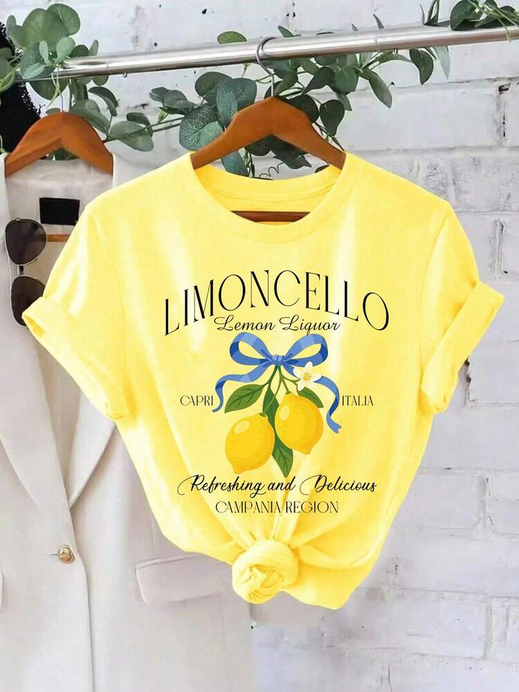 SHEIN LUNE Limoncello Lemon Wine Printed T-Shirt, Suitable For Spring And Summer T-Shirts | SHEIN