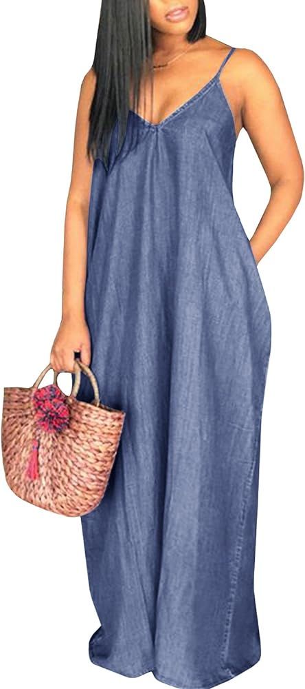 Chuanqi Womens Summer Spaghetti Strap Dresses Casual Denim Deep V Neck Loose Maxi Dress | Amazon (US)