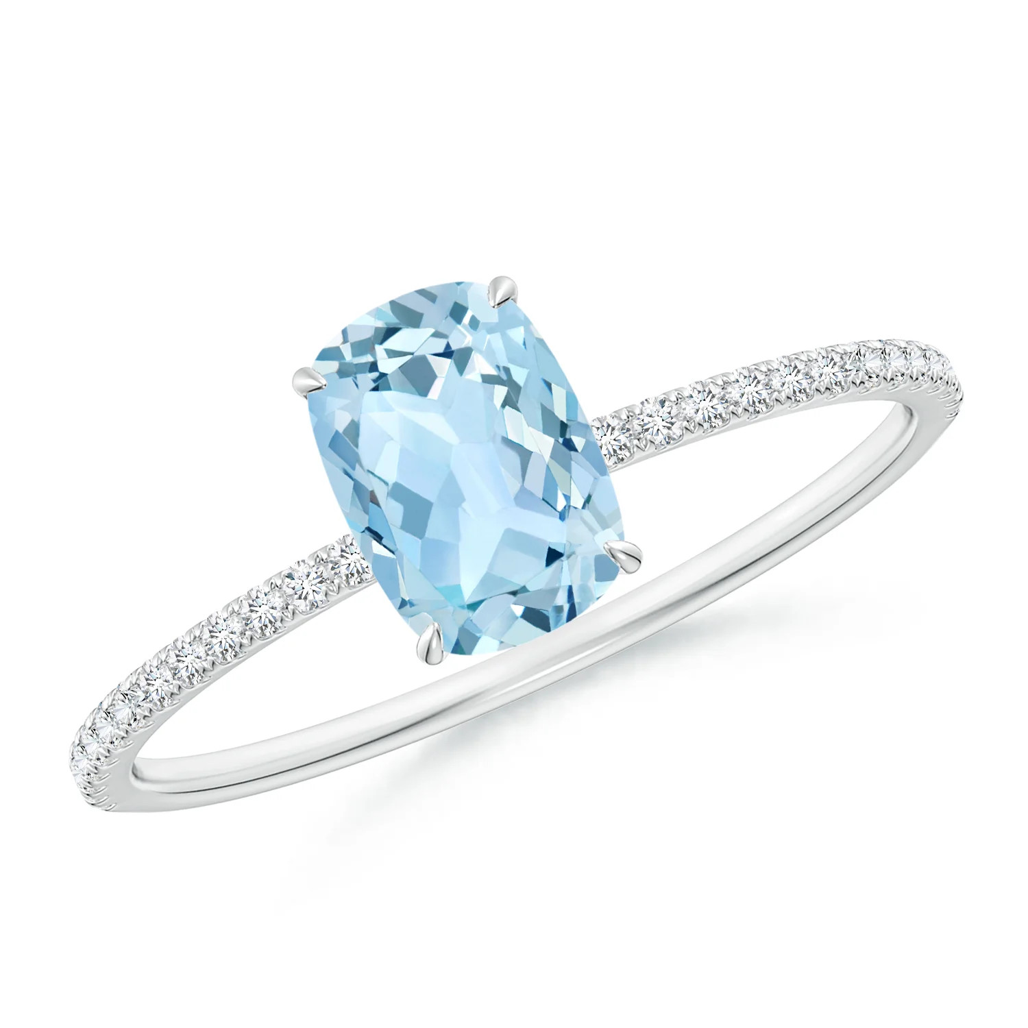 Thin Shank Cushion Cut Aquamarine Ring With Diamond Accents | Angara | Angara US