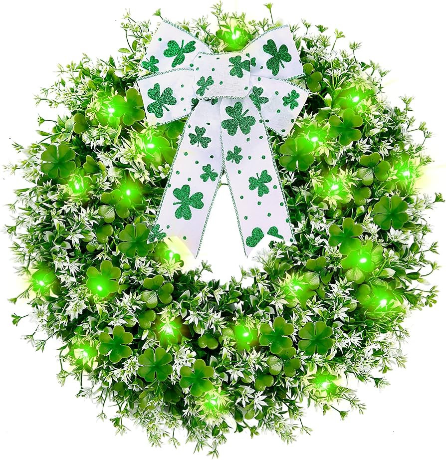 Sggvecsy 17.7’’ St. Patrick's Day Shamrocks Wreath for Front Door with 30 Green Lights Artifi... | Amazon (US)