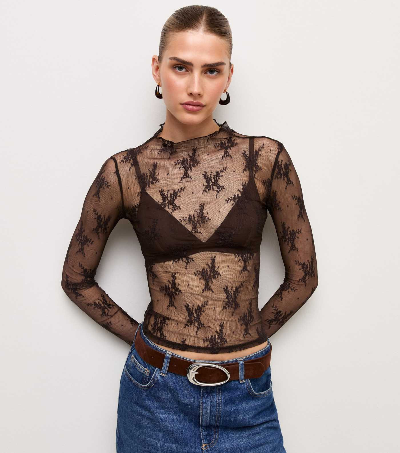 Dark Brown Sheer Floral Lace Long Sleeve Top | New Look | New Look (UK)