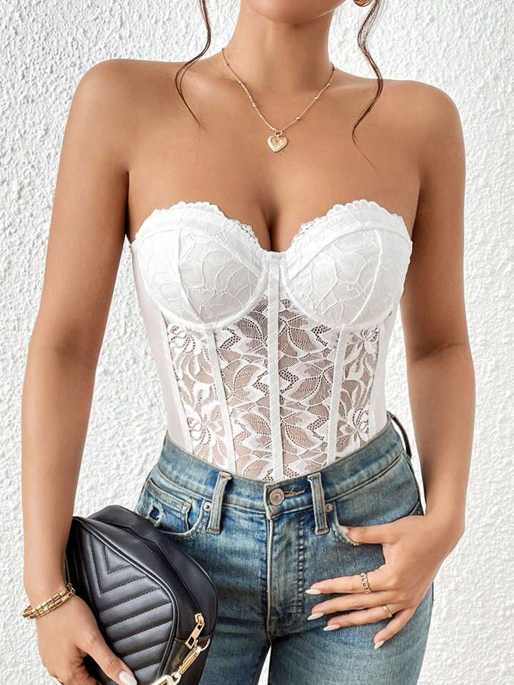 SHEIN BAE Contrast Lace Bustier Tube Bodysuit | SHEIN