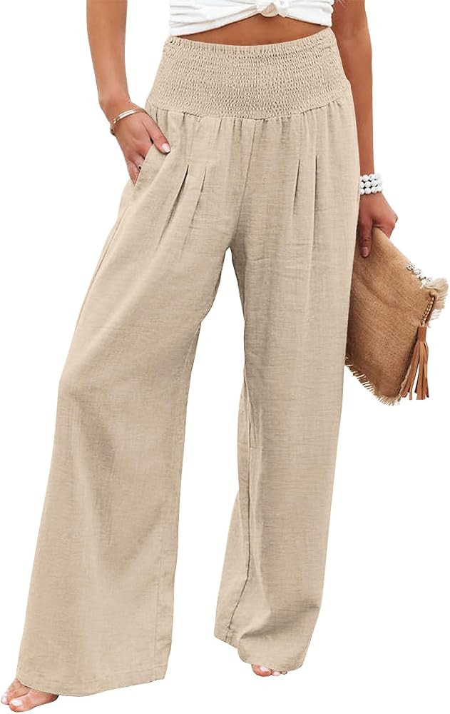Angerella Womens Elastic High Waisted Palazzo Pants Casual Wide Leg Long Lounge Pant Trousers wit... | Amazon (US)