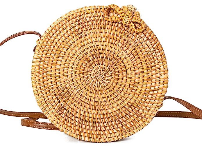 Round Rattan Bag for Women Lefur Handwoven Straw Bag Beach Crossbody Purse with Shoulder Straps L... | Amazon (US)