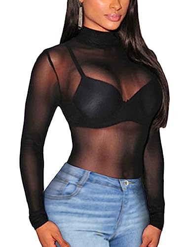 UEOIOW Womens Long Sleeves High Neck Sheer Mesh Tops Shirts Tees Tunic Clubwear Black M | Amazon (US)