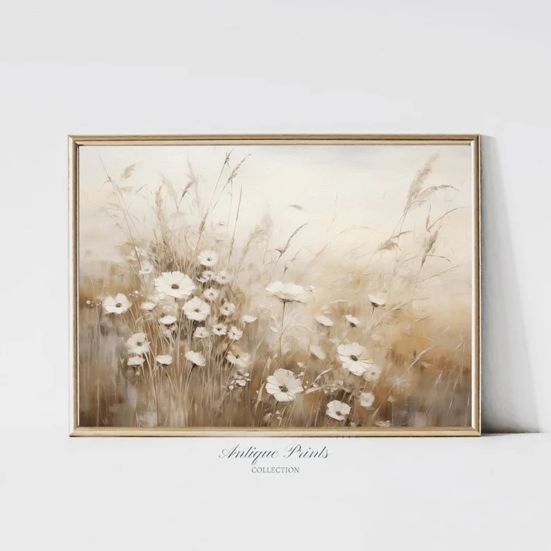 Muted Wildflower Wall Art, Neutral Beige Floral Painting, Soft Tones Country Landscape Print, Far... | Etsy (US)
