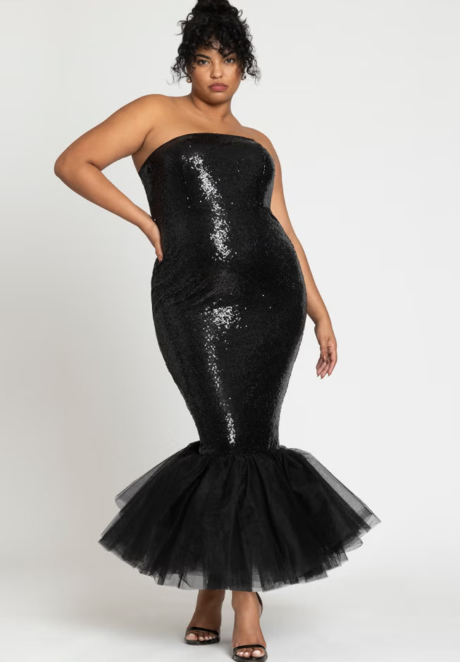 Sequin Tulle Flounce Column Dress – Strapless Midi, Black Onyx | Eloquii