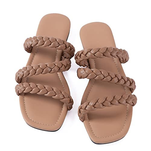 Mtzyoa Women Flat Sandals Braided Strap Nude Size 6 Leather Summer Slip on Square toe Slide Sandals | Amazon (US)