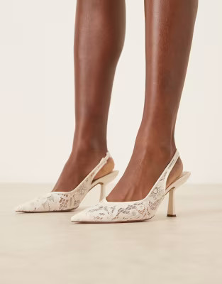 ASOS DESIGN Sunset slingback mid heel shoes in ivory lace | ASOS (Global)