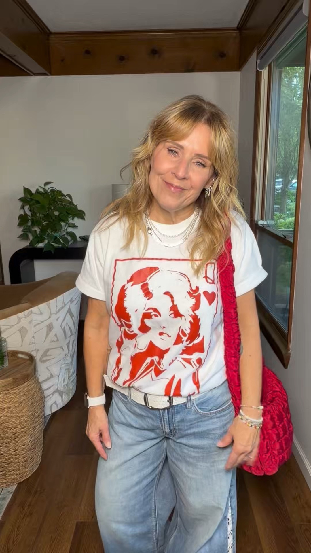 Just a little tribute to Dolly. Tee is size M. Rhinestone  necklaces and earrings are from Amazon.  Jeans with lace details are from @ae . Linked a similar  bag.

#LTKdayinmylife #LTKootd #LTKOver40
