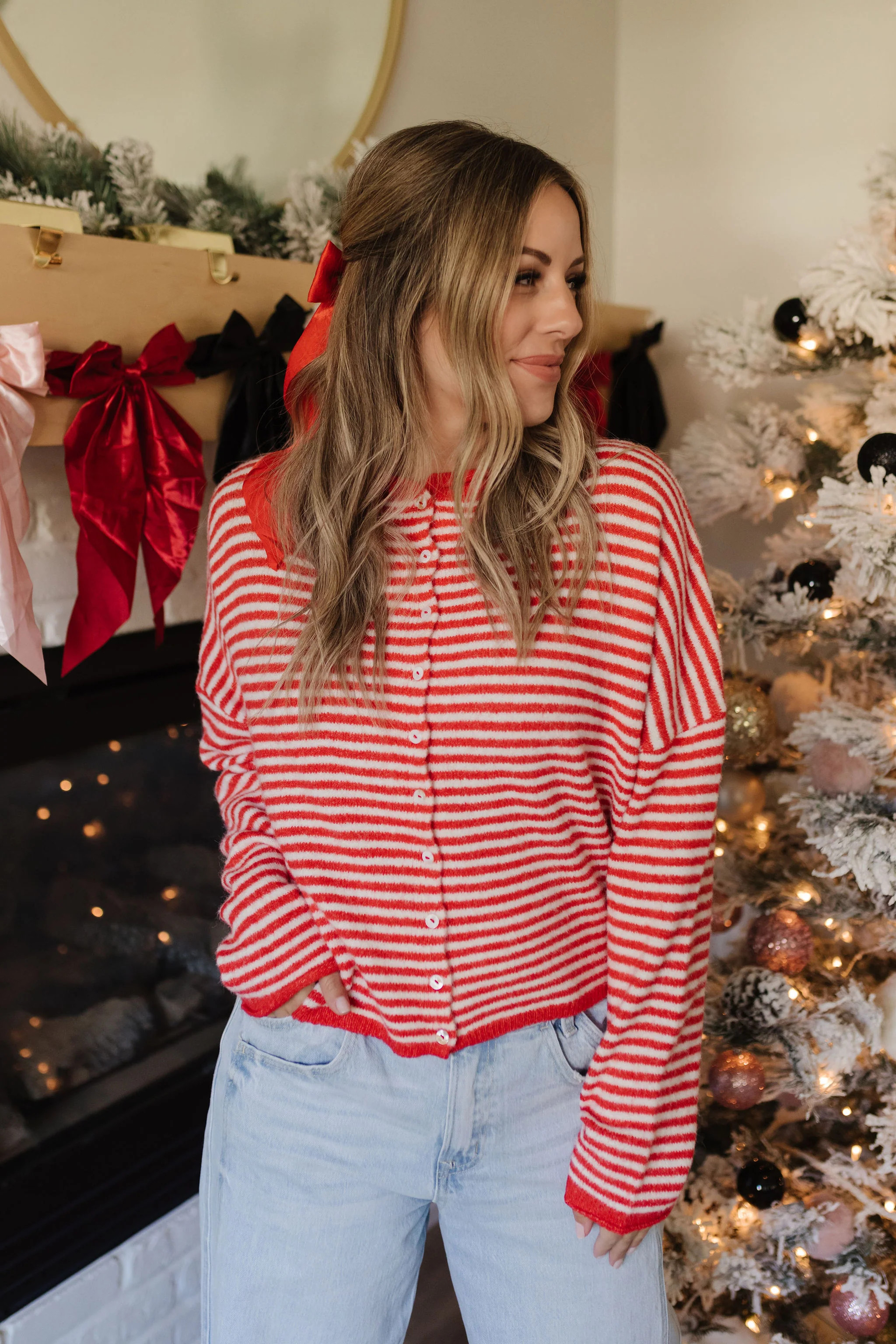 THE CAMPBELL CARDIGAN IN RED STRIPE | Pink Desert