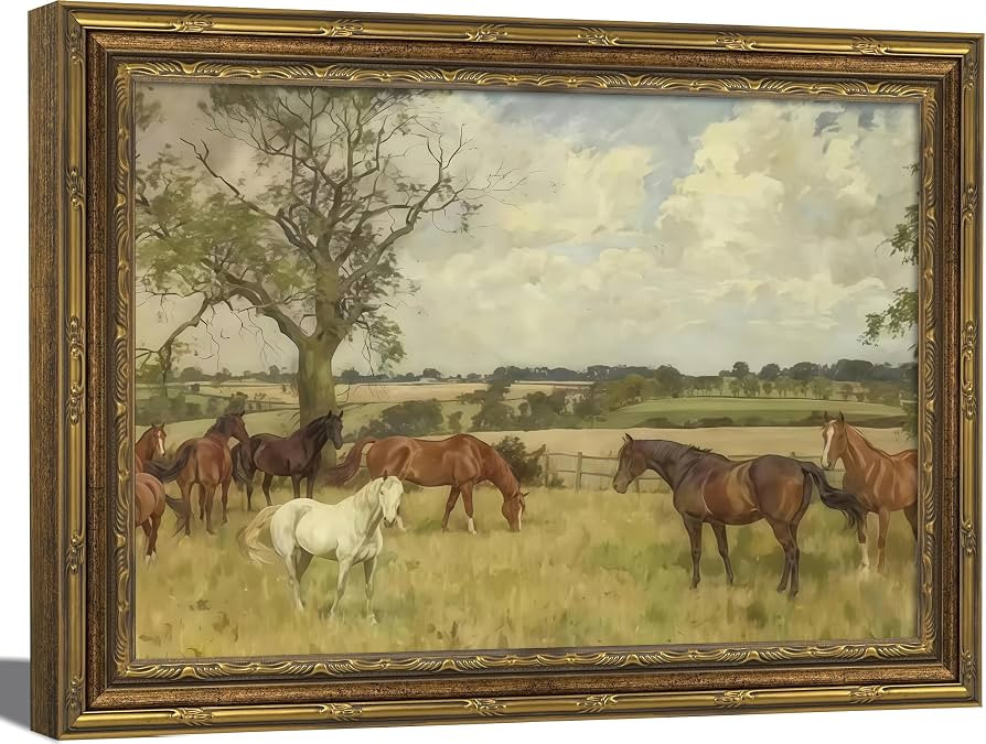 Vintage Gold Framed Wall Art Farmhouse Horse Painting Picture Wall Decor Rural Animal Nature land... | Amazon (US)