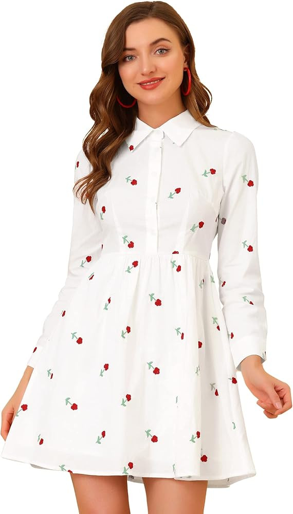 Allegra K Women's Shirt Dress Long Sleeve Collared Floral Embroidered Casual Mini Dresses | Amazon (US)