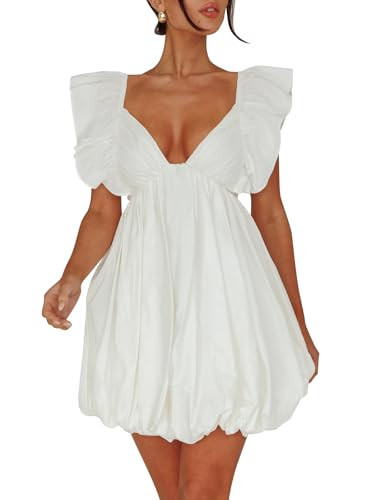 hibshaby Summer Mini Dress Deep V-Neck Babydoll Dress Bubble Dress Backless Lace Up Sexy Short Dress White M | Amazon (US)