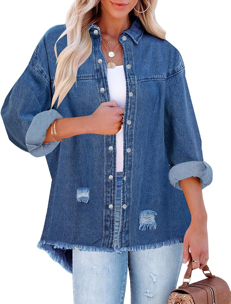 LookbookStore Womens Denim Jacket Oversized Button Down Shirts Jean Shacket Distressed Frayed Coa... | Amazon (US)