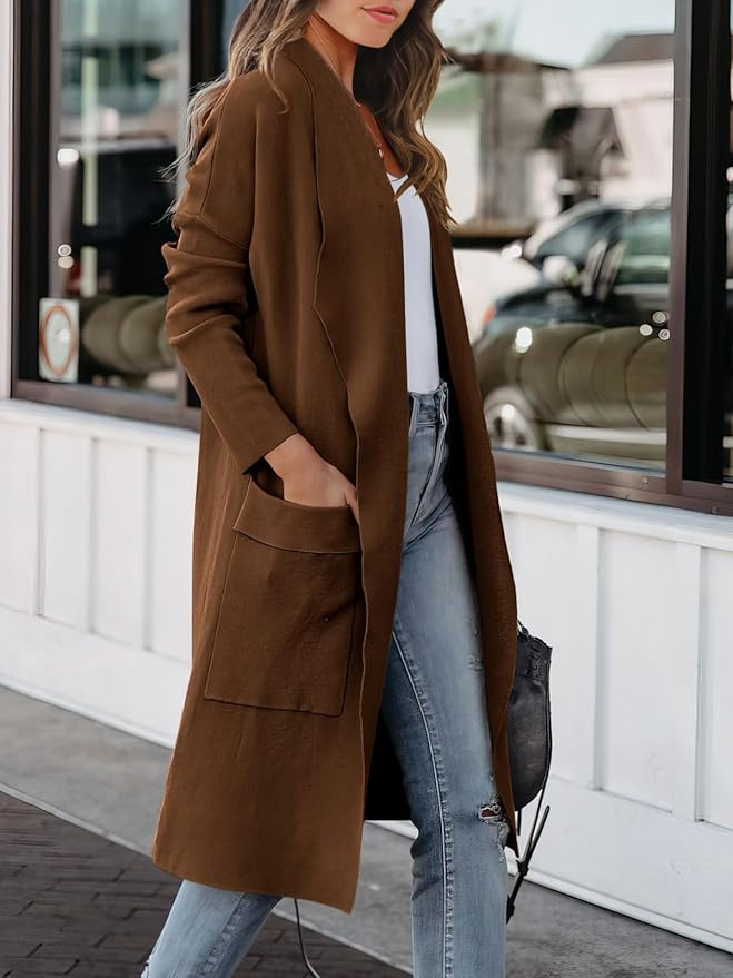 ANRABESS Women's Casual Long Sleeve Draped Open Front Knit Pockets Long Cardigan Jackets Sweater | Amazon (US)