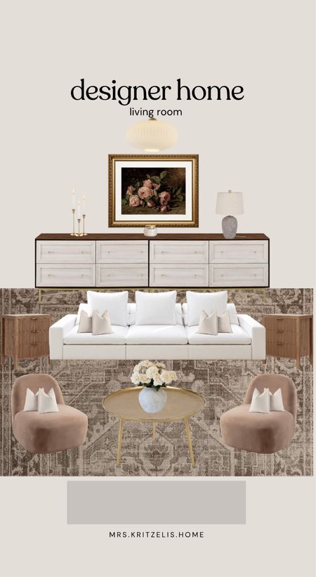 Designer home living room! 

Couch, chair, coffee table, vase, floral, lamp, light fixture, rug, pillows, art, wall art, candle stick, gold 

#LTKSaleAlert #LTKHome #LTKFindsUnder100