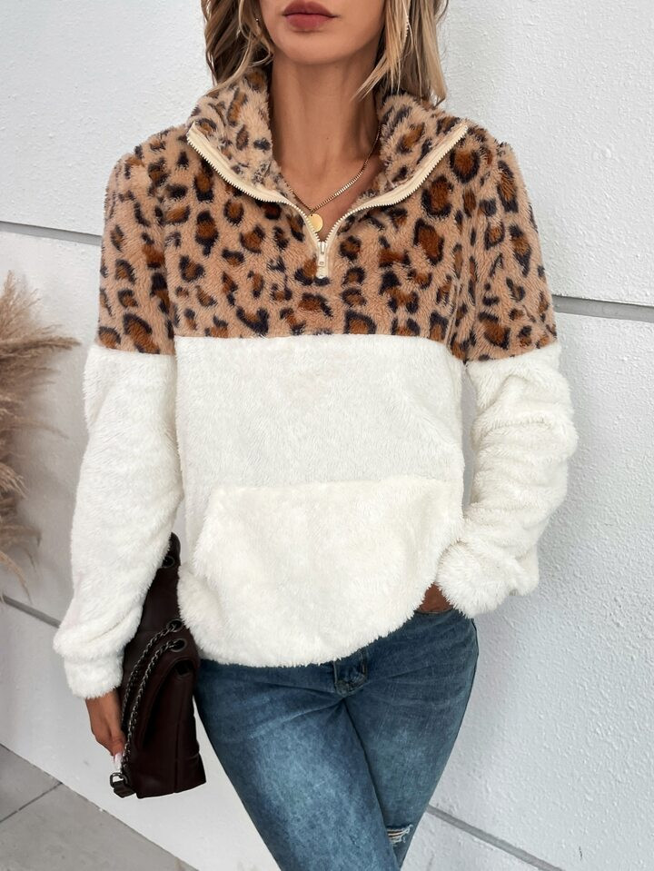 Casual Kleurblok Luipaardprint Sweatshirt Zak Rits | SHEIN