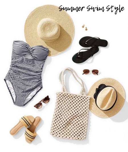 Summer swim style ☀️ I love this black and white gingham swimsuit! Paired with a sun hat, easy sandals and a crochet bag and I’m ready for the pool!! 

#LTKSeasonal #LTKswim #LTKsalealert