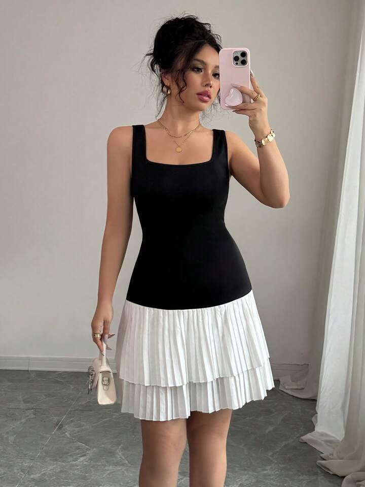 Elenzga Women's Elegant Simple Sleeveless Square Neck Waisted Pleated Short Dress, Spring/Summer | SHEIN