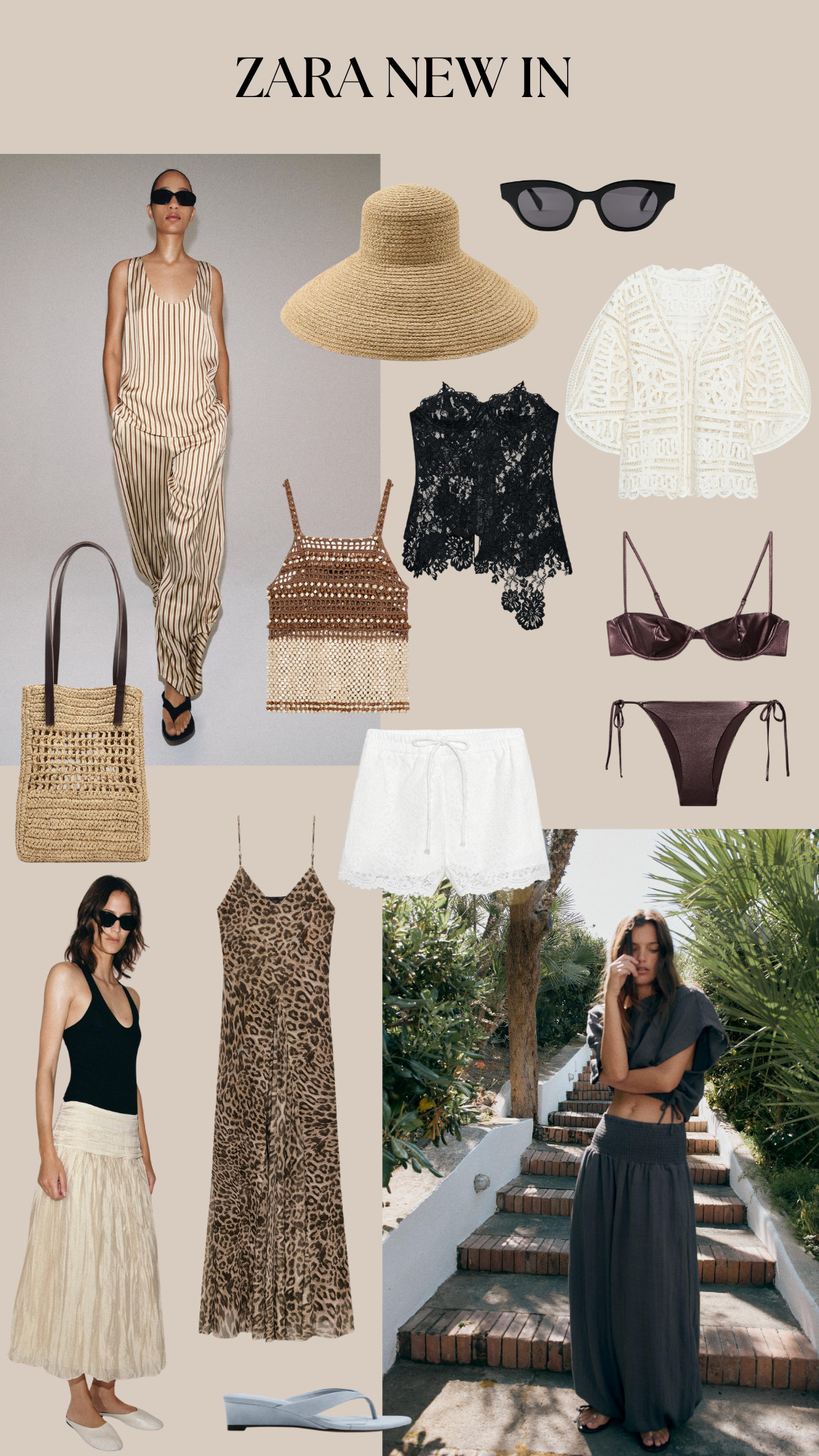 zara new in, zara fashion, summer style, neutral tones, beachwear, holiday outfit, resort wear, crochet bag, straw hat, black sunglasses, striped jumpsuit, lace top, broderie anglaise, white shorts, bikini set, leopard print dress, maxi skirt, black tank top, flat sandals, woven tote, effortless dressing, chic summer looks, capsule wardrobe, warm weather style, vacation outfits 

 #LTKspring #LTKsummer #LTKeurope