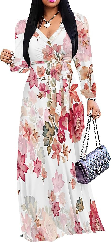Plus Size Maxi Dresses for Curvy Women Floral Print Flowy Long Puff Sleeve with Belt | Amazon (US)