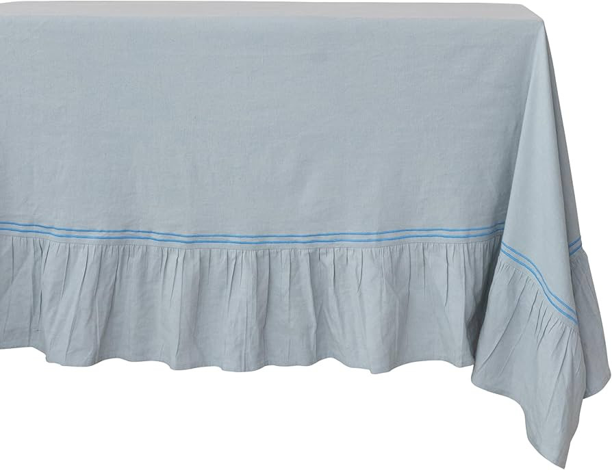 Creative Co-Op Cotton and Linen Tablecloth with Embroidered Trim and Ruffled Edge, Blue Finish | Amazon (US)