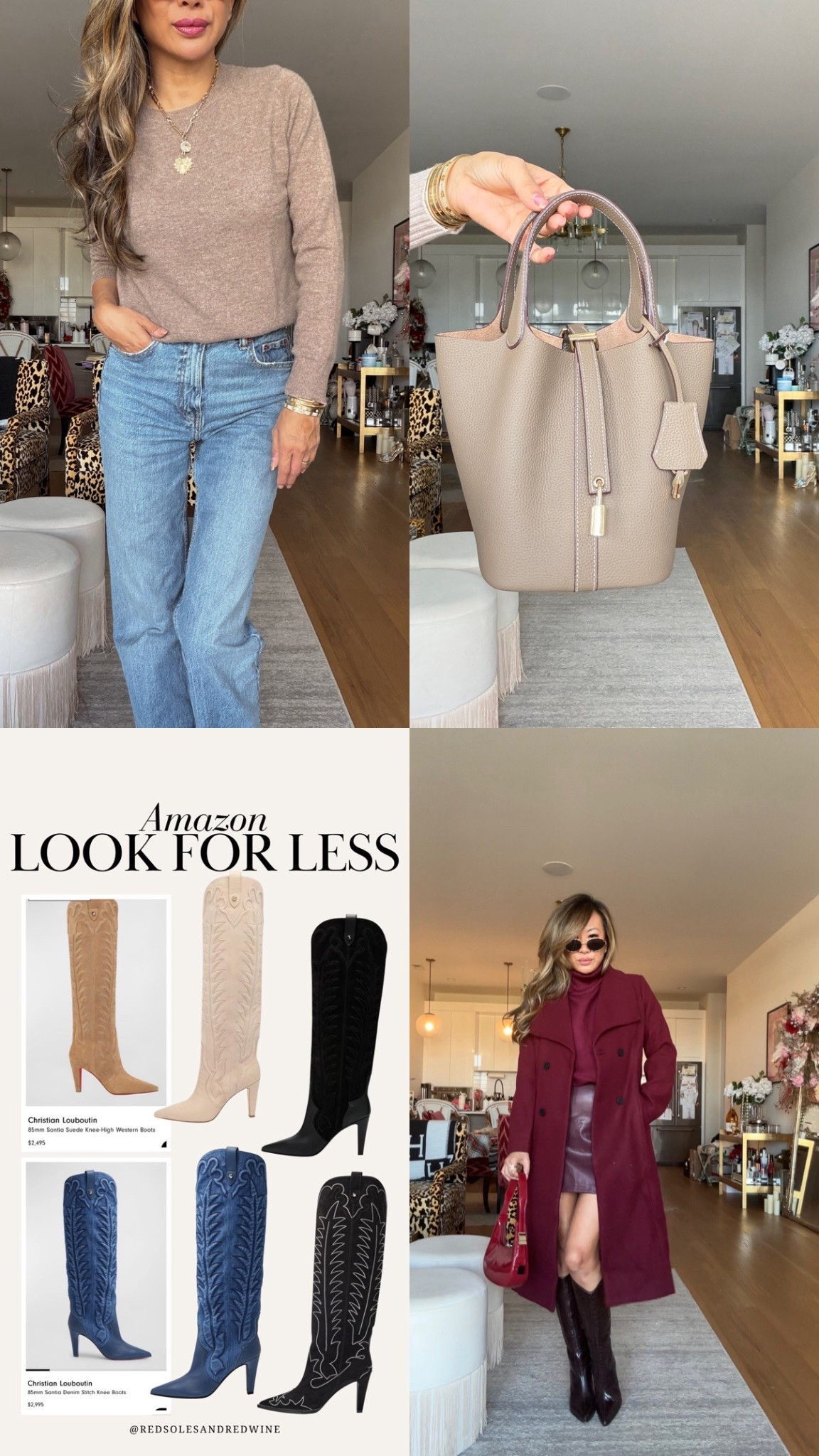Amazon items that look designer for less. Cashmere sweater, burgundy outfit, Hermes similar bag. Louboutin similar cowboy boots 

#LTKHoliday #LTKFindsUnder100 #LTKStyleTip