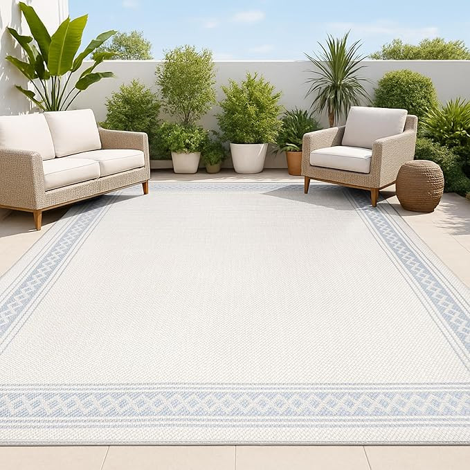 JONATHAN Y Diamond Border Indoor Outdoor Area Rug 3X5 Cream/Blue, Lucia Classic for Backyard, Pat... | Amazon (US)