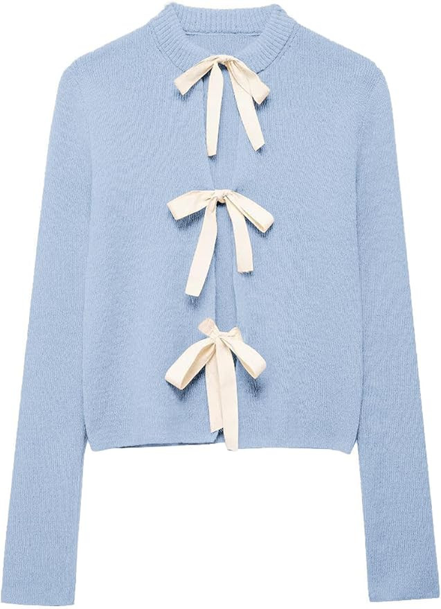 Tie Front Cardigan Sweaters for Women Y2K Bow Tie Open Front Cardigans Crewneck Long Sleeve Sweat... | Amazon (US)