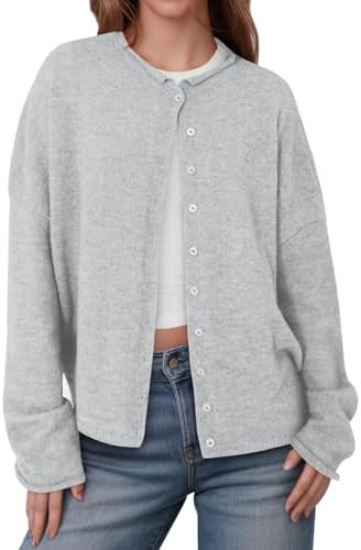Saodimallsu Womens Button Up Long Sleeve Lightweight Knit Cardigan | Crew Neck, Soft Cozy, Loose ... | Amazon (US)