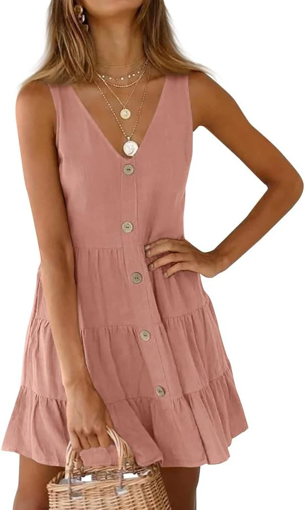 Foakwety Women's Casual V Neck Sleeveless Button Down Dress Summer A-line Swing Short Tank Dresses | Amazon (US)