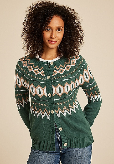 Green Fair Isle Button Front Cardigan | Maurices