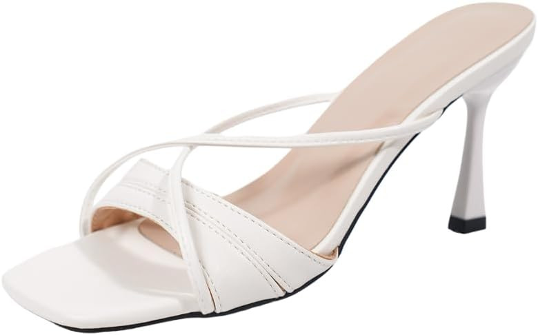 White Strappy High Heels for Women, High Stiletto Heeled Square Open Toe Slip On Crossover Style ... | Amazon (US)